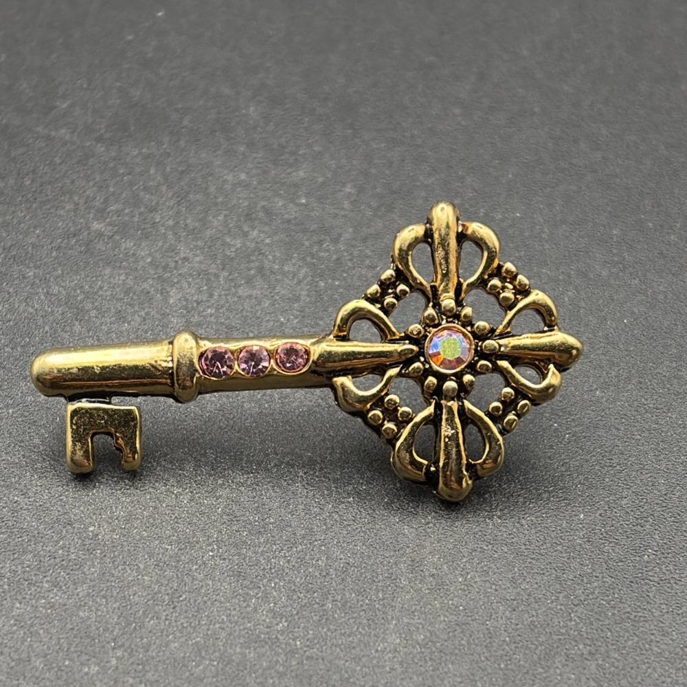 Ornate Key Gold Tone Rhinestones Made In Korea Lapel Hat Pin